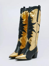 Metallic Gold Cowgirl Knee-High Boots Wide Calf Block High Heel Western Tall Boots