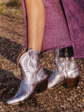 Metallic Embroidered Snip Toe Slanted Heel Slip On Cowgirl Ankle Booties - Blue & Purple