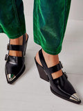 Metal Pointy Toe Triple Buckle Western Chunky Heeled Slingback Pumps