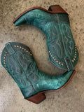 Turquoise Embroidered Cowgirl Wide Mid Calf Boots Block Heeled Western Boots