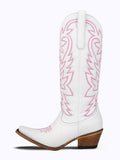 Pink Embroidered Snip Toe Zip Western Mid Calf Boots In White