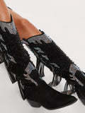 Studded Rhinestone Fringe Knee High Cowgirl Boots Tall Slanted Heel Western Boots