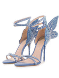 Denim Rhinestone Butterfly Strappy Round Stiletto Heel Sandals With Double Ankle Strap