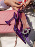 Purple Clear Rhinestone Pointy Half Stiletto Half Flared Slingback Karma Pumps