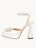 White Rhinestone Triple Heart Pointy Flared Pumps With Platform Ankle Wrap Strap