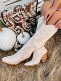 White Rhinestone Faux Suede Pointy Wide Mid-Calf Cowgirl Boots