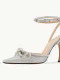 Silver Glitter Rhinestone Double Bow Pointy Flared Pumps With Ankle Wrap Strap