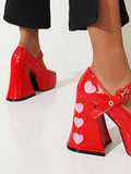 Heart Pink Shiny Patent Leather Buckle Flared Chunky Heel Round Toe Platform Mary Jane Pumps