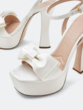White Double Bows Silk Platform Flared Heeled Sandals With Round Toe Ankle Strap