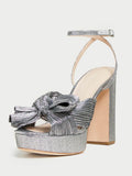 Pink Fine Glitter Pleated Bow Platform Heels Block Heel Sandals For Wide Feet