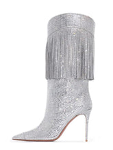 Silver Rhinestone Fringe Pointed-toe Slip-on Mid-Calf Cowgirl Boots With Chunky High Heel