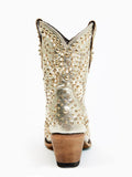 Metallic Gold Stud Rhinestone Pearl Ankle Boots Slip-On Snip Toe Cowgirl Heeled Booties