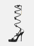 Black Rhinestone Butterfly Herringbone Square Stiletto Heel Sandals Lace-Up Gladiators