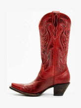 Red Embroidered Snip Toe Thick Heeled Wide Calf Retro Tall Cowgirl Boots