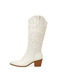 Vegan Leather Embroidered Stitch Pointed-toe Wide Slip-on Mid-Calf Cowgirl Boots