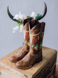 Brown Longhorn Embroidered Round Wide Calf Tall Cowgirl Boots