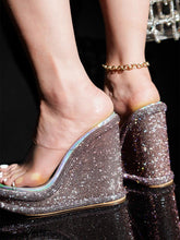 Sparkly Rhinestone Round Platform Wedge Heel Backless Slip-On Sandals With Clear Single Band