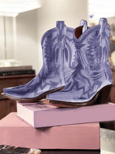 Metallic Embroidered Snip Toe Slanted Heel Slip On Cowgirl Ankle Booties - Blue & Purple