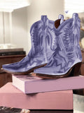 Metallic Embroidered Snip Toe Slanted Heel Slip On Cowgirl Ankle Booties - Blue & Purple