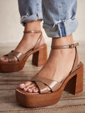 Cross Strap Square Toe Platform Block Heeled Sandals With Buckled Ankle Strap