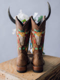 Brown Longhorn Embroidered Round Wide Calf Tall Cowgirl Boots