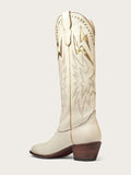 Bone Inlay Gold Lightning Knee High Boots Stitch Slip-On Round Cowgirl Heeled Boots