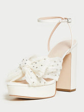 White Rhinestone Pleated Bow Heels For Wide Feet Block Heel Platform Sandals