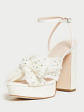 White Rhinestone Pleated Bow Heels For Wide Feet Block Heel Platform Sandals