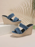 Denim Frayed Two Bands Open-toe Slip-on Espadrille Wedge Sandals