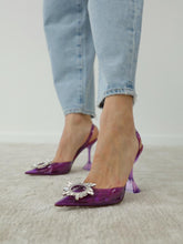 Purple Clear Rhinestone Pointy Half Stiletto Half Flared Slingback Karma Pumps