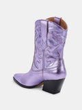 Metallic Purple Applique Pointy Slip-On Chunky Heeled Western Ankle Boots