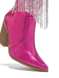 Metallic Hot Pink Rhinestone Tassel Zip Ankle Boots Pointy Block Heeled Cowgirl Boots