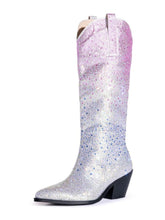 Silver Pink Ombre Rhinestone Cowgirl Mid Calf Boots Block Heeled Western Boots