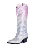 Silver Pink Ombre Rhinestone Cowgirl Mid Calf Boots Block Heeled Western Boots