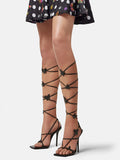 Black Rhinestone Butterfly Herringbone Square Stiletto Heel Sandals Lace-Up Gladiators