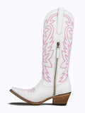 Pink Embroidered Snip Toe Zip Western Mid Calf Boots In White