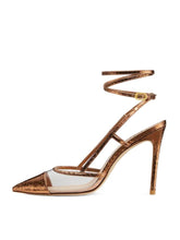 Metallic Bronze Snakeskin Clear Pumps Buckle Detachable Wrap Ankle Strap Slingback Heeled Sandals