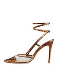 Metallic Bronze Snakeskin Clear Pumps Buckle Detachable Wrap Ankle Strap Slingback Heeled Sandals