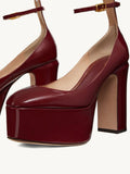 Wine Red Patent Platform Block Heeled Pumps With Round Toe Ankle Strap