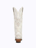 White Wedding Wide Mid Calf Cowgirl Vintage Boots For Bride With Rhinestone Floral Leaf Embroidery
