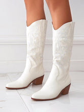 Vegan Leather Embroidered Stitch Pointed-toe Wide Slip-on Mid-Calf Cowgirl Boots