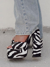 Double Platform Square Block Heel Sandals With Ankle Strap - Zebra Stripe & Metallic Silver