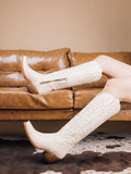 White Embroidered Stud Snip Zipper Mid Calf Cowgirl Boots