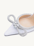 Off White Glitter Rhinestone Double Bow Backless Pumps Pointed Toe Kitten Heel Mules