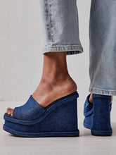 Denim Blue Single Band Platform Wedges Square Toe Backless Slip-On Sandals