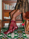 Red Embroidered Round Toe Wide Calf Knee High Western Boots