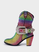 Rainbow Rhinestone Studs Buckled Ankle Strap Pointy Zip Ankle Cowgirl Boots