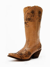 Brown Studs Floral Printing Snip-toe Slip-on Wide Mid-Calf Western Boots