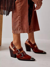 Metal Pointy Toe Triple Buckle Western Chunky Heeled Slingback Pumps