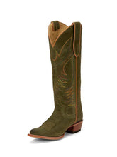 Blackish Green Suede Color Embroidery Round-toe Wide Slip-on Knee High Cowgirl Boots